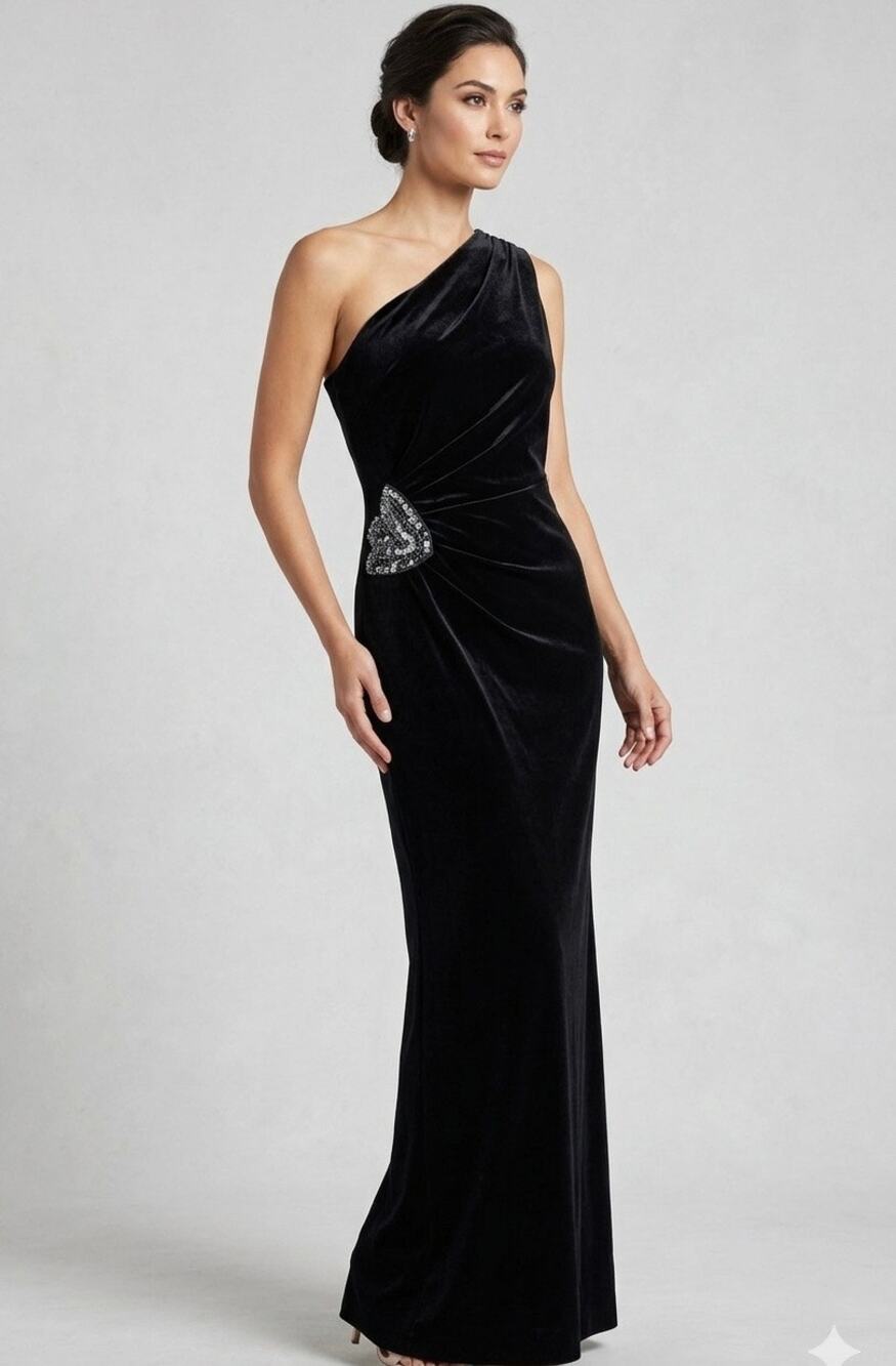 Xscape Evenings Women’s‎ Velvet One Shoulder Embellished Formal Dress Black